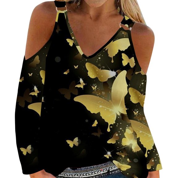 LEAVINGSUO Fall Winter V Neck Long Tops for Women, Womens Tops Clearance Women Sexy T- Shirt Cold Shoulder Pullover Blouse V-Neck Long Sleeve Print Tops