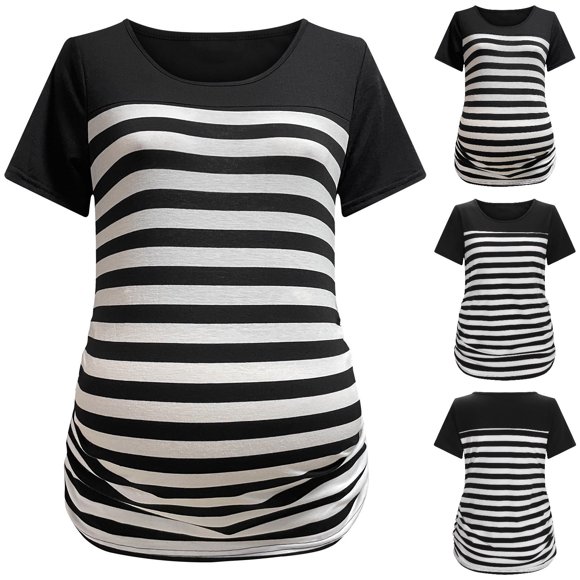 EGNMCR Long Sleeve Round-Neck Blouses & Shirts Round Neck Stripe Lace Patchwork Short Sleeve Side Ruched Blouse Tops T-Shirt Pregnant Women Blouse