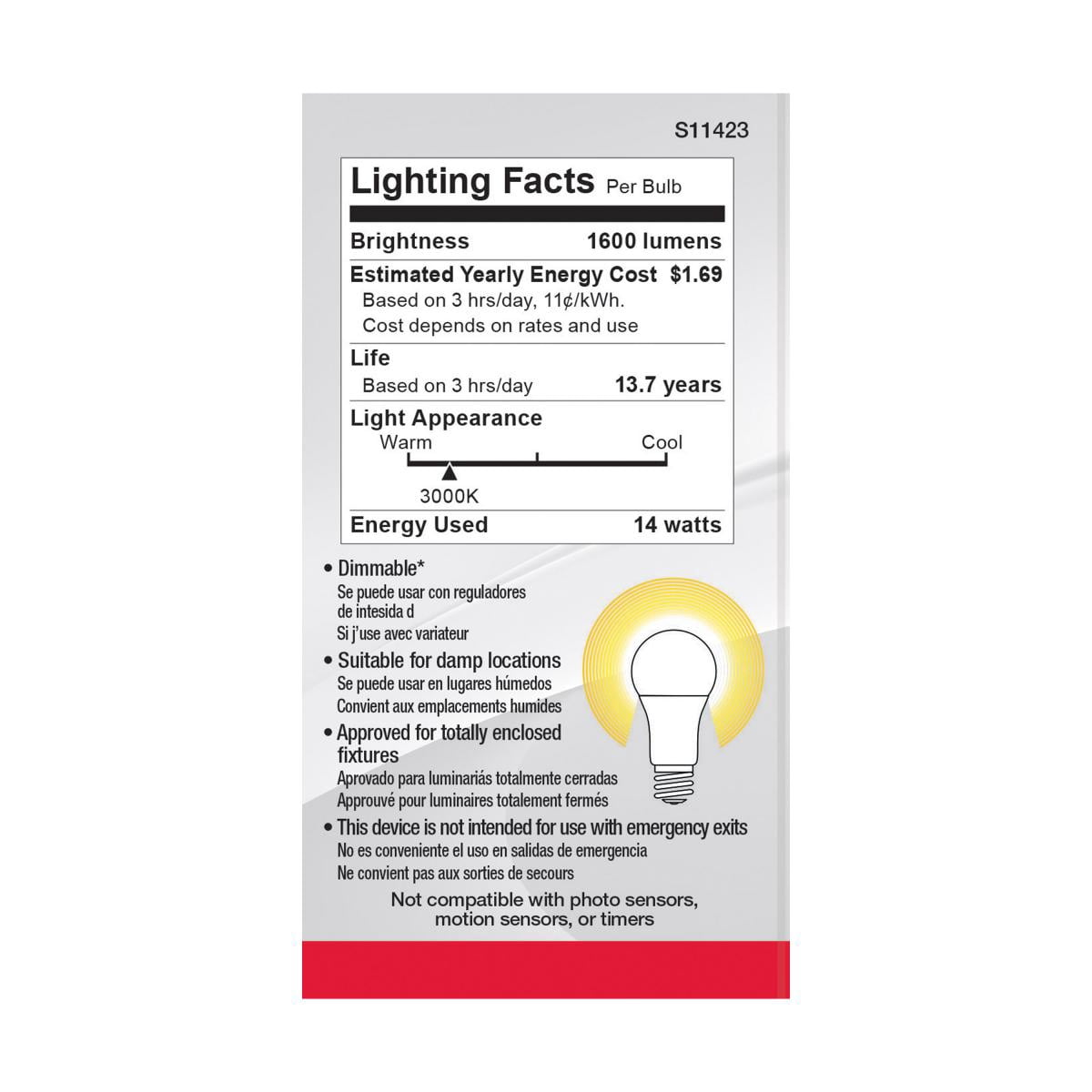 Satco Lighting S11423 15.5 Watt Dimmable A19 Medium (E26) Led Bulbs (Pack of 4)