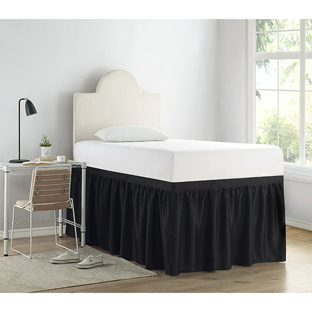 Luxury Plush Dorm Sized Bed Skirt Panel with Ties (3 Panel Set) - Black ...