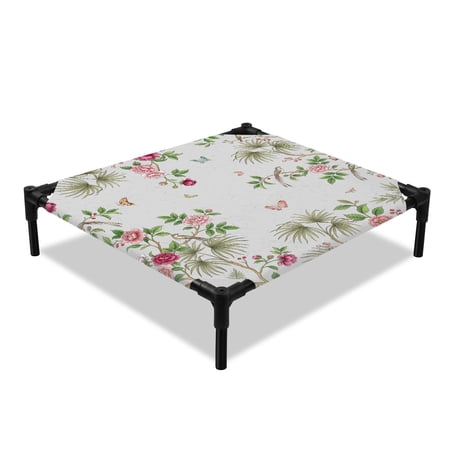 Flower Butterfly Elevated Dog Bed Rustic Farmhouse Pink Floral Botanical Leaves Cooling Breathable Outdoor Raised Dog Cot Bed with Metal Frame Non-Slip Feet for Small Dog 20x20in