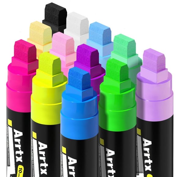 Arrtx Acrylic Paint Large Markers, 10mm Felt Tip Jumbo Markers, 12 Pack Colored Graffiti Markers for Art Projects, Sign, Posters