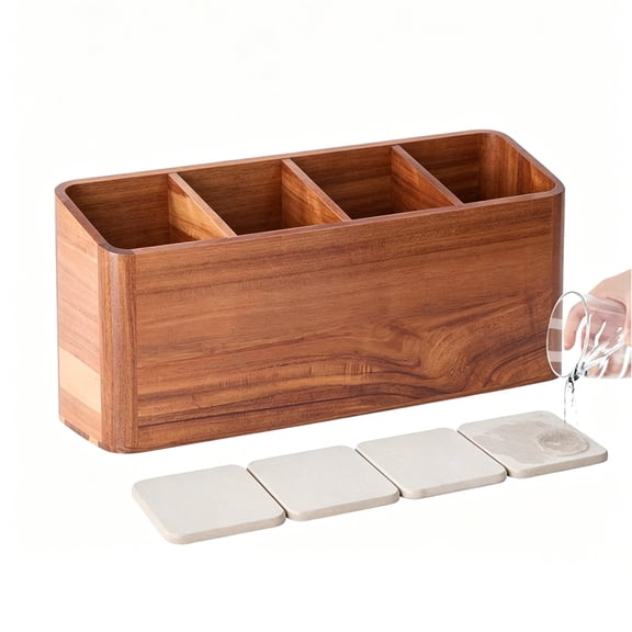 Petyoung Acacia Wood Utensil Holder with 4 Diatomite Drying Pads, 4 Compartment Kitchen Counter Organizer, Silverware & Cooking Utensil Caddy