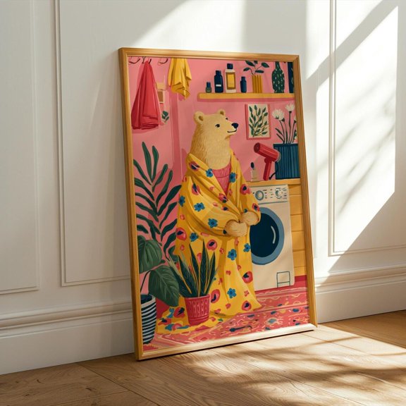 Bear In Dressing Gown Art Cozy Animal Illustration Pink Wall Art Cute Bear Home Decor, Unframed Paper Print