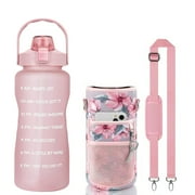 Half Gallon Water Bottle with Sleeve & Strap, 64 OZ Water Bottle Motivational with Straw & Time Marker, Sport Water Jug Women Men