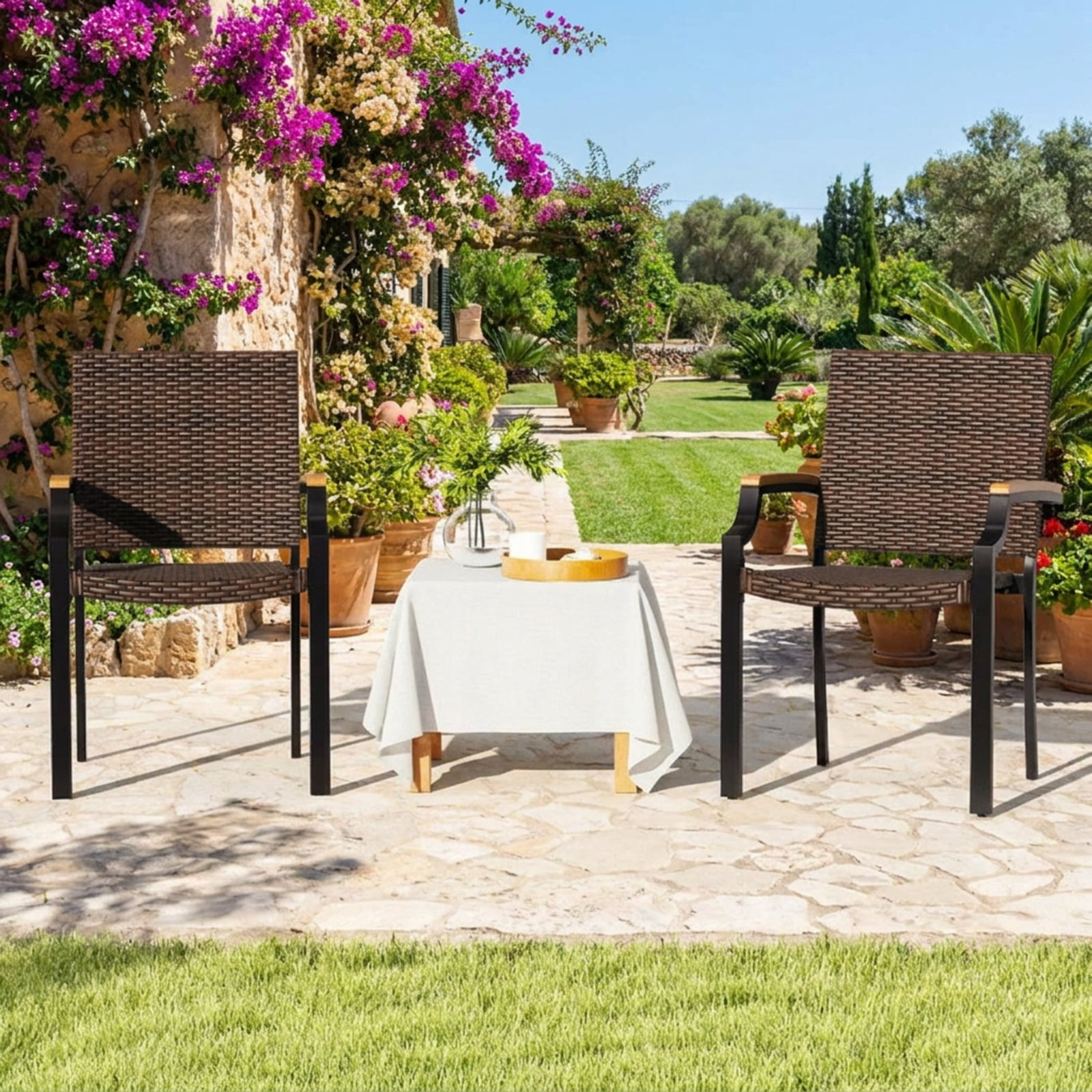 Biotree Outdoor Dining Chairs Set of 2 Stacking PE Wicker Patio Rattan Dining Chairs with Acacia Wood Armrests for Garden Backyard, Mix Brown