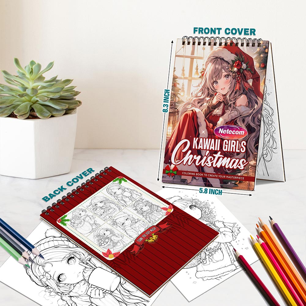 Netecom Kawaii Girls Christmas Coloring Book Spiral Bound for Adults, A5 Wooden Cover, 30 Joyful Coloring Pages of Anime Girls Enjoying the Xmas Holiday for Stress Relief and Relaxation