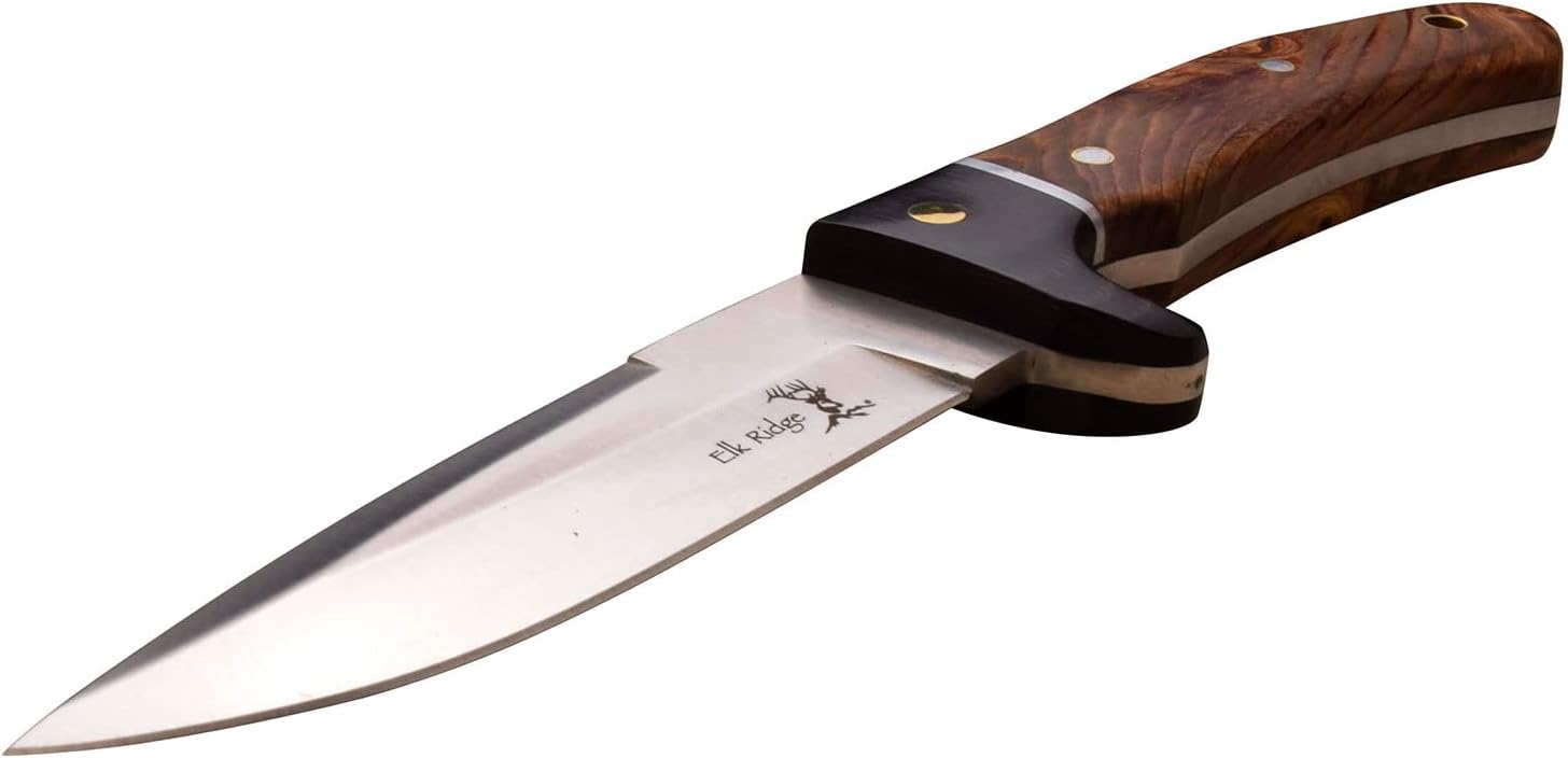 Elk Ridge ER-065 Fixed Blade Knife - 4.75" 3Cr13 Stainless Steel Blade, Wood Handle, Full Tang Outdoor Hunting Survival Tactical Knife with Nylon Sheath