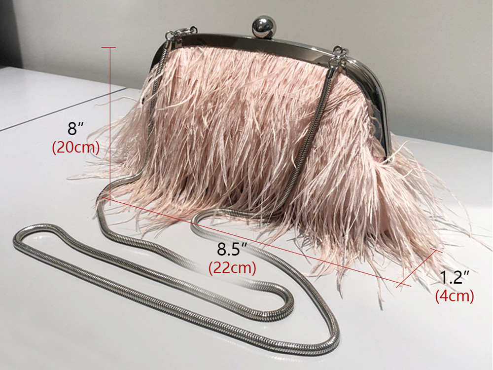 Vintage Fluffy Ostrich Feather Evening bags and Clutches for Women Pearl Chain Tote bags Bridal Purses Wedding Party Pink