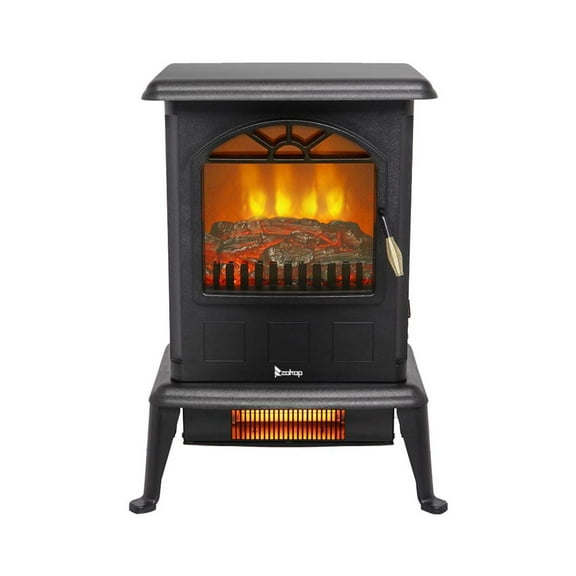 Electric Fireplace Stove Heater 1500W Portable Freestanding with Thermostat, Realistic Flame Logs, Vintage Design for Living Room Corners