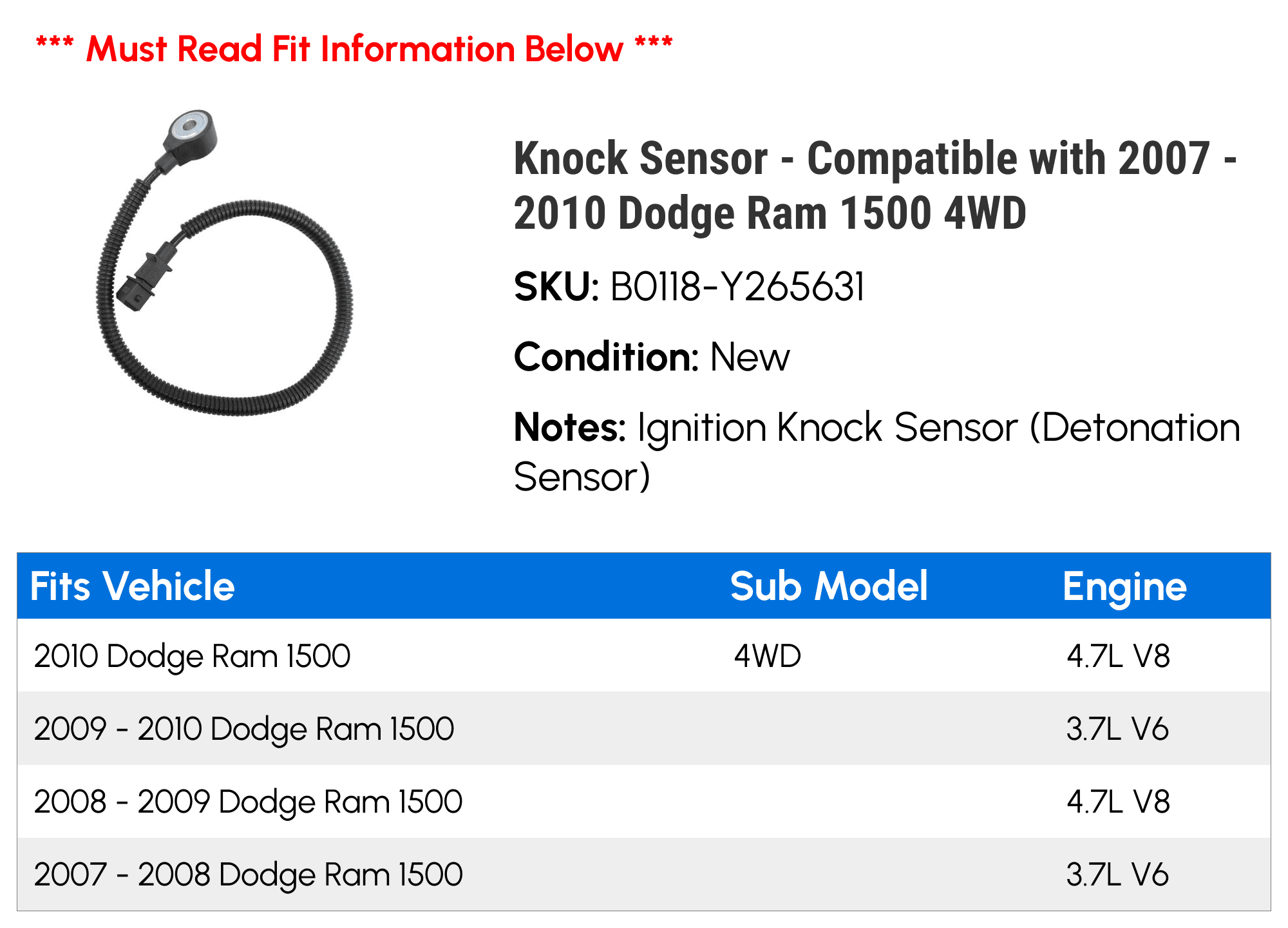 Knock Sensor - Compatible with 2007 - 2010 Dodge Ram 1500 4WD 2008 2009