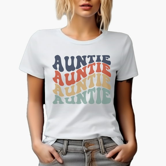 Auntie, Family Themed, Groovy Retro Wavy Text Merch Gift, White T-Shirt, Small