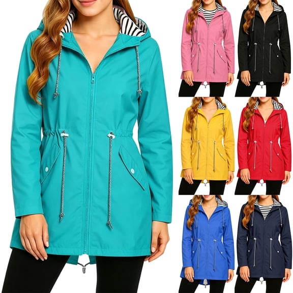 Solid Color Drawstring Waist Windbreaker for Women, Lightweight Hooded Zip-Up Rain Jacket with Striped Lining - Casual Outdoor Trench Coat Black L