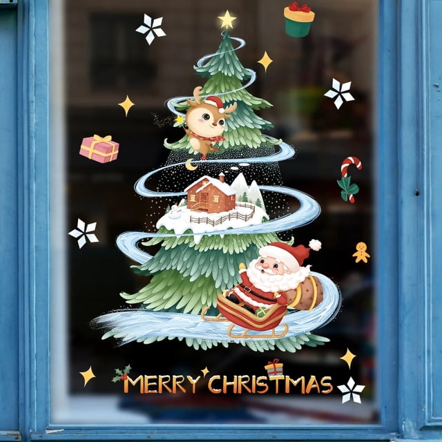 Pegatina de dibujos animados de Navidad para ventana, decoración de pared de vidrio de Papá Noel, árbol de Navidad, electricidad estática, corona de Papá Noel, Feliz Navidad, 2023
