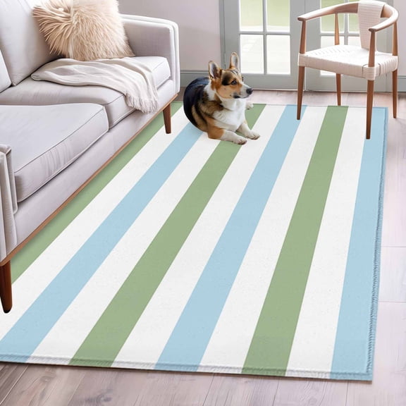 Geometric Sage Washable Area Rug 3x5 Green and Blue Stripes Low-Profile Large Area Rugs with Non Slip Backing Indoor Floor Carpet for Entrance Living Room Bedroom Home Office
