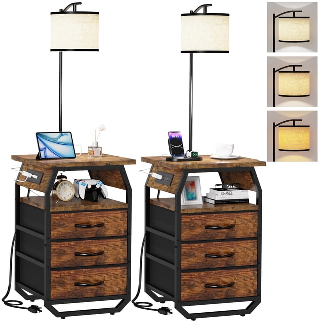 Mesa auxiliar con lámpara de pie runjuly, marrón rústico, 3 cajones y USB
