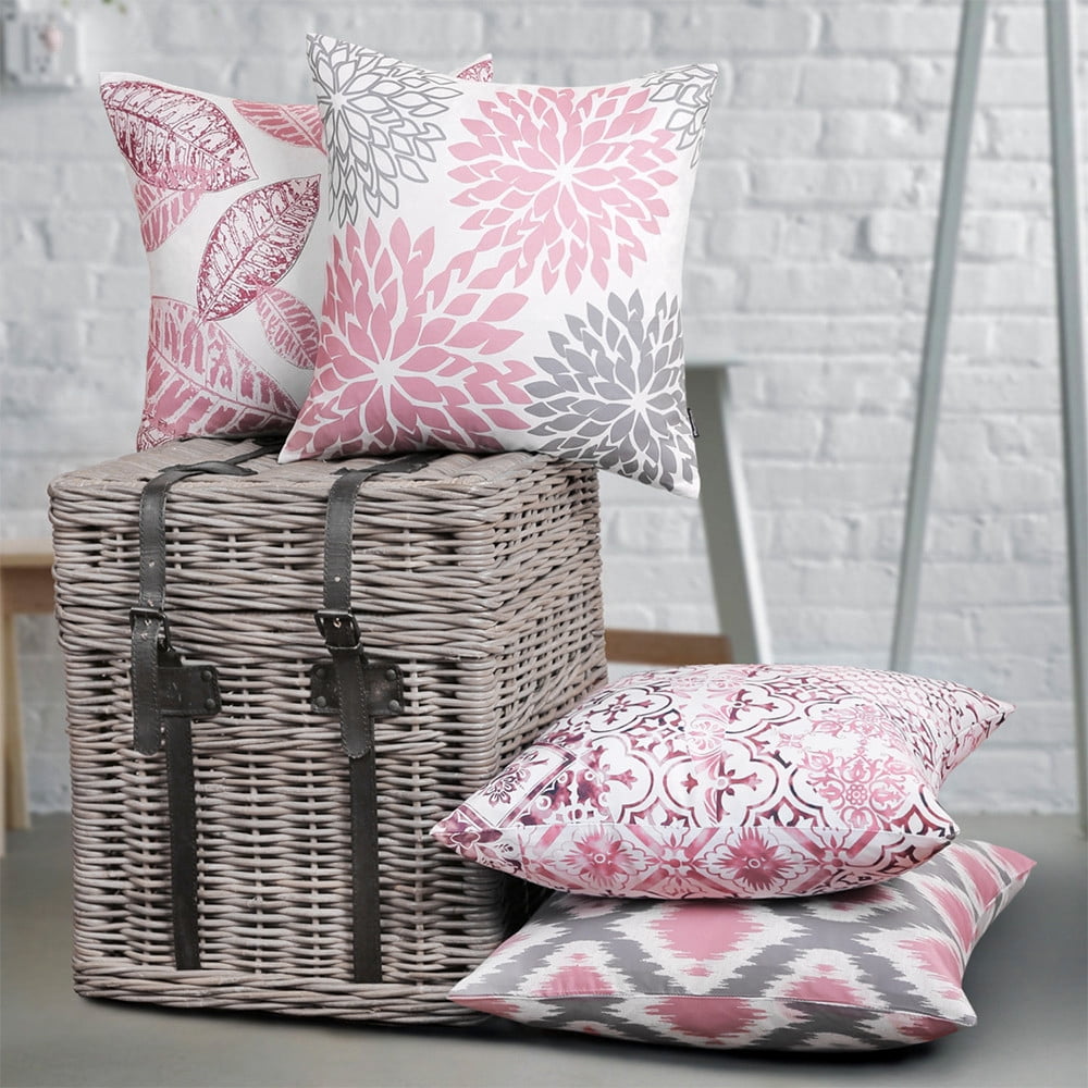 Phantoscope New Living Series Double-sided Design Decorative Throw Pillow Cover, 18" x 18", Gray/Pink, 4 Pack