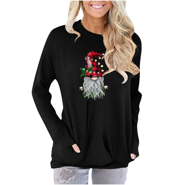Camisas Navideñas Para Mujer, Camisetas de Manga Larga, Blusa Pulóver Fruncida de Cuello Redondo Con Estampado de Moda Erógena Informal Odeerbi ODB201919