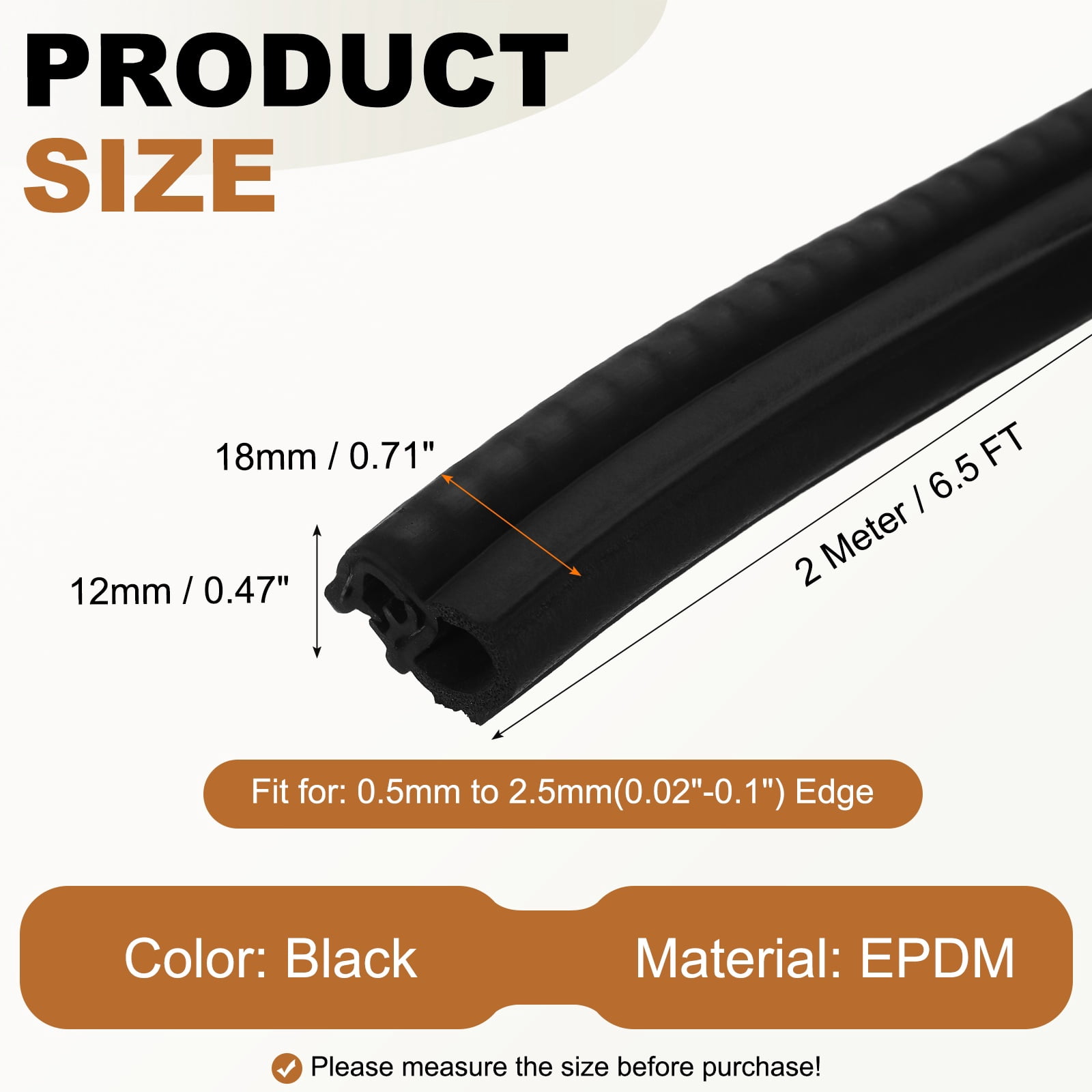 Door Weather Stripping 6.5FT, 18mm W x 12mm H EPDM Car Door Rubber Edge Trim Seal Strip Gasket with Side Bulb Fit 0.5mm to 2.5mm Edge for Electrical Cabinet Car Boat Truck, Black