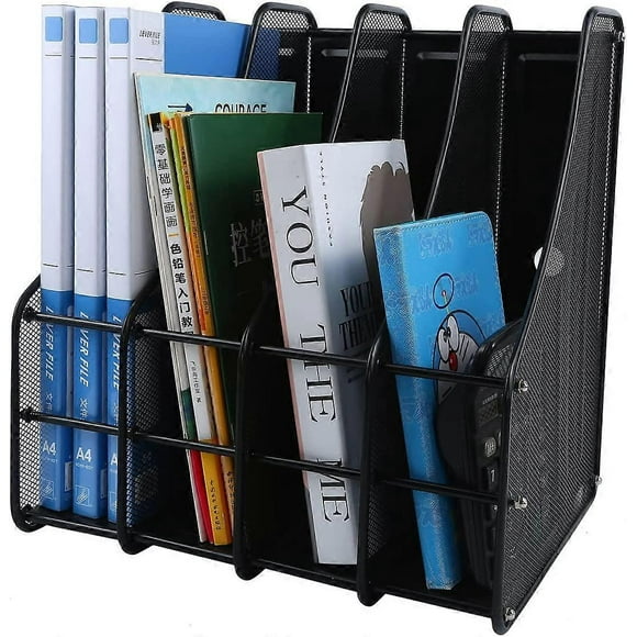 4 Compartments Mesh Desk Organiser Magazine File Rack Holder, Metal Desk Book Sorter Storage Shelf for Home Office