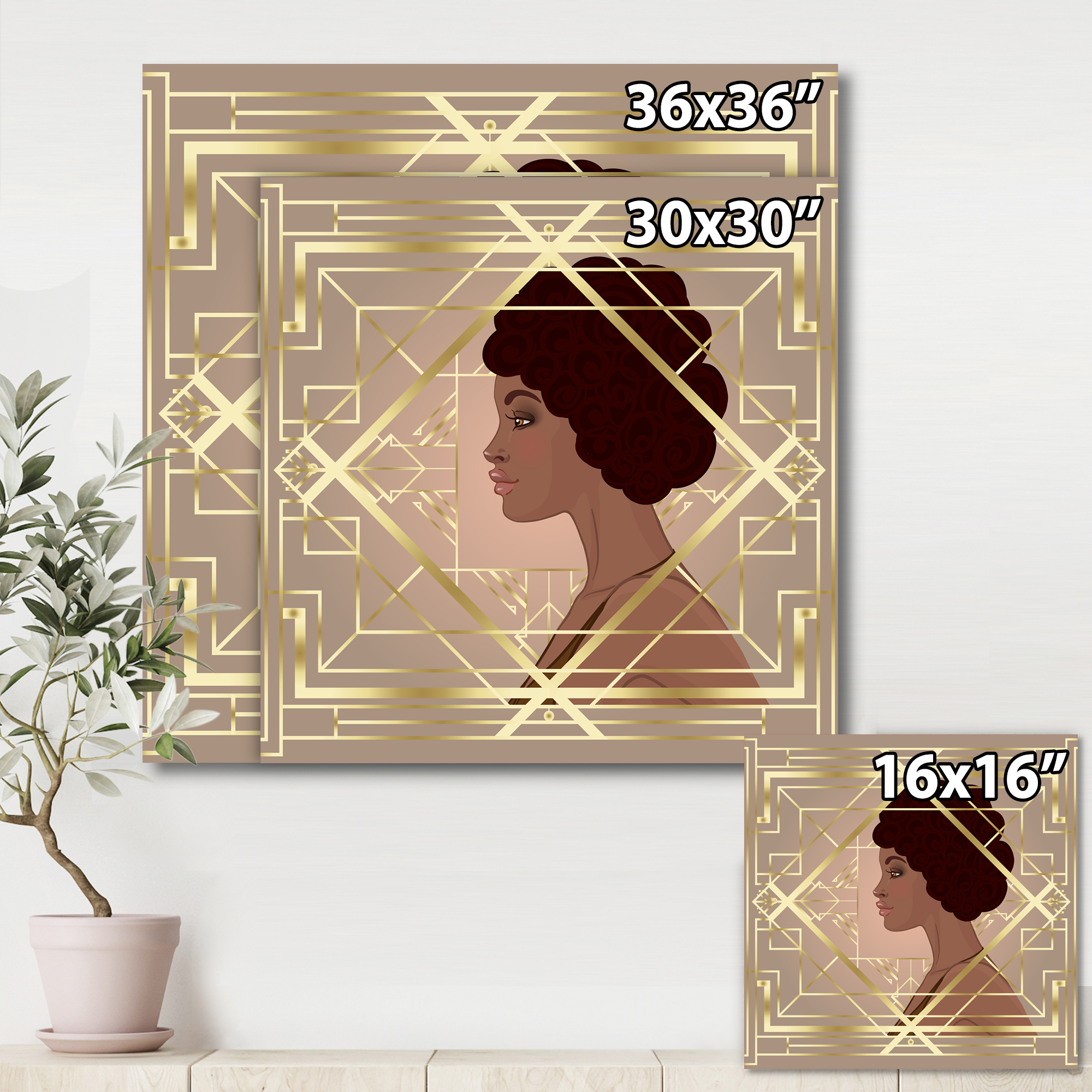 Retro Girl In Golden Art Deco Geometrics II 36 in x 36 in Painting Canvas Art Print, by Designart