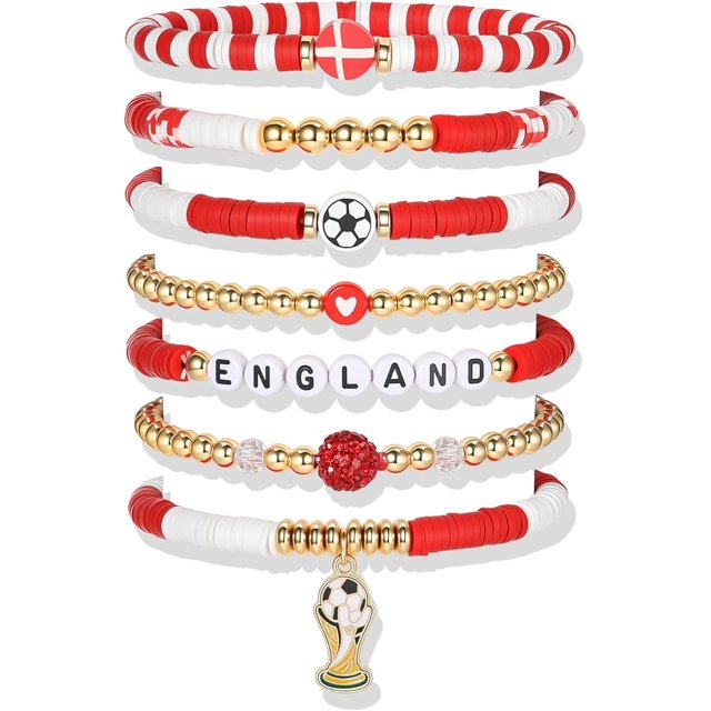 YanonmyfdWorld Soccer Game-day Cup Bracelet Stack Set 7pcs Softball/Baseball/Basketball/Soccer/Volleyball/Tennis/Football Stretch Sports Fans Jewelry Sports Beaded Bracelets with Charms,S-England