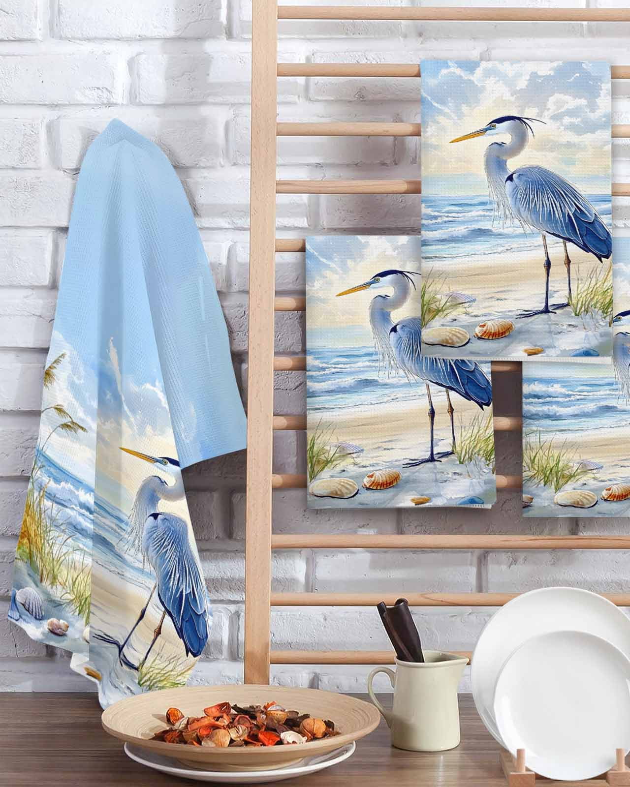Coastal Birds Kitchen Dish Towels for Drying Dishes Set of 2, Blue Sky Heron Seabird Tropical Beach Waffle Weave Microfiber Terry Hand Tea Bathroom Towels Quick Dry & Absorbent Towel 15.7x23.6