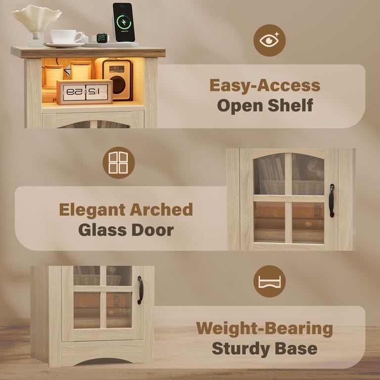 Homall Nightstand with Charging Station & Adjustable LED Lights, End Table Bedside Table with Glass Door & Open Shelf for Bedroom Living Room, Natural