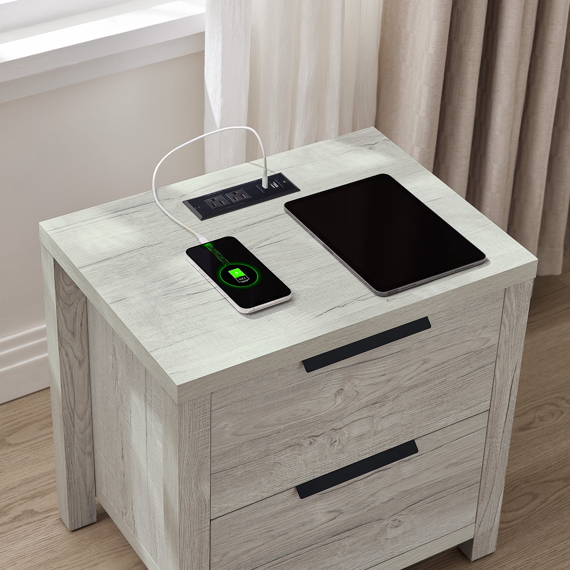 Spruce & Spring Farmhouse Nightstand with 2 Drawers, USB & Type-C Port and Power Outlets