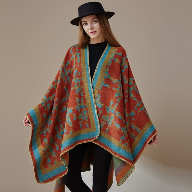Xiao Hua Chales para mujer, ponchos abiertos, suéteres extragrandes, cárdigans casuales, chales para otoño e invierno, diseño de grafiti en cuadrícula, color naranja