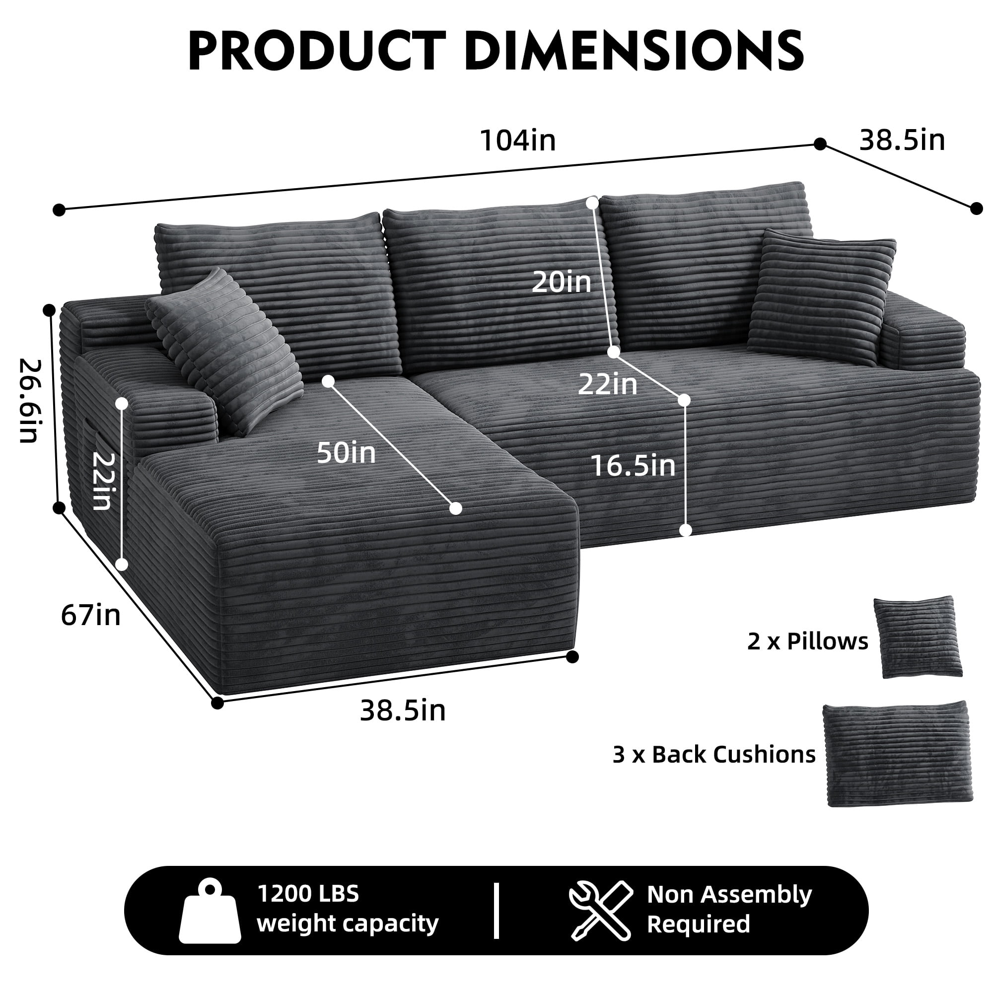 104" Modular L-Shaped Sectional Sofa, No Assembly Required Boneless Sofa with Chaise, High Resilience Foam & Corduroy Fabric, for Living Room Bedroom,(Charcoal)