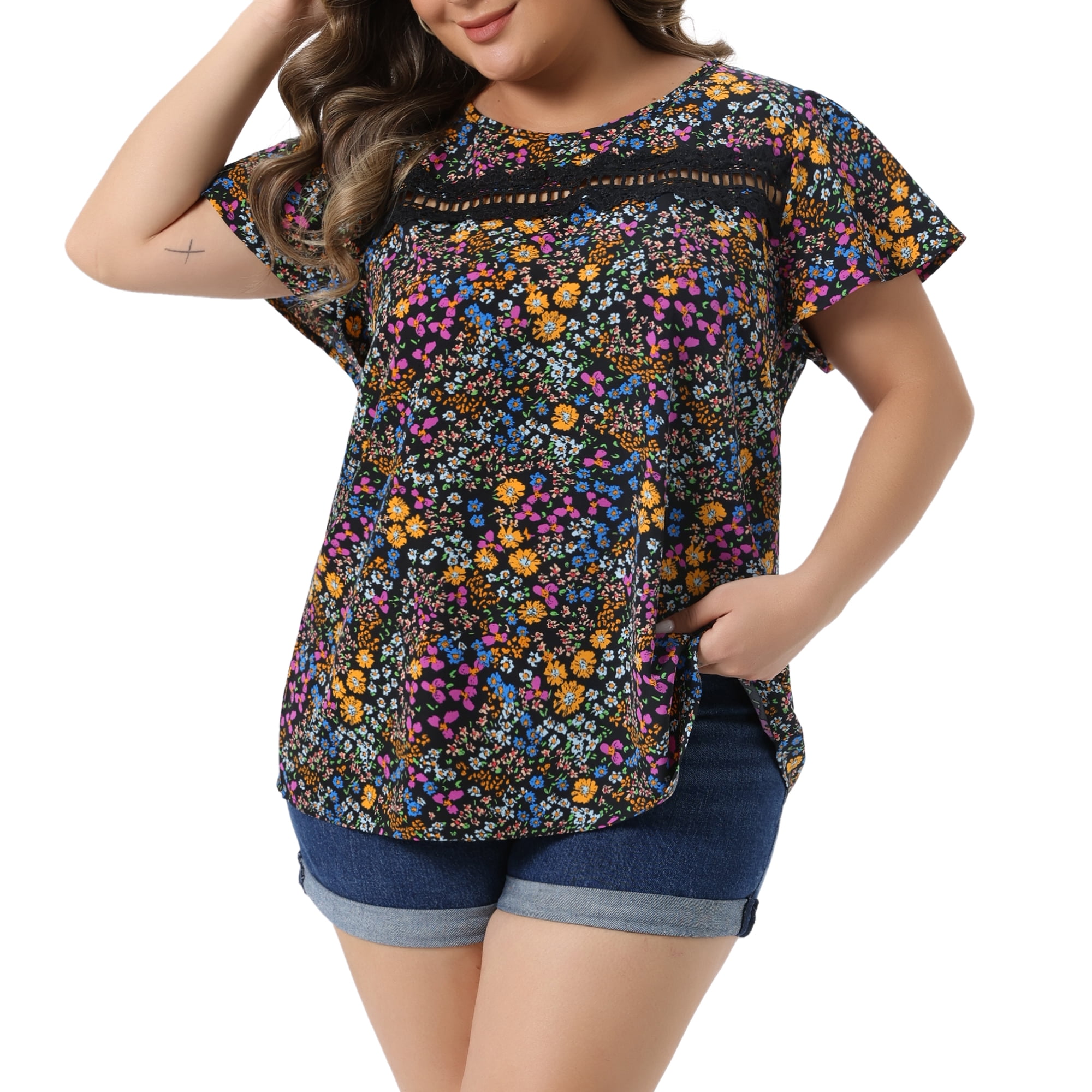 Women's Plus Women's Floral Short Sleeve Crew Neck Blouse Summer Shirt 1X Black