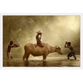 thumbnail image 1 of Kids Washing Water Buffalo - Lantern Press Photography (36x24 Giclee Art Print, Gallery Framed, White Wood), 1 of 1