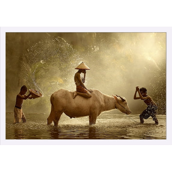 Kids Washing Water Buffalo - Lantern Press Photography (36x24 Giclee Art Print, Gallery Framed, White Wood)