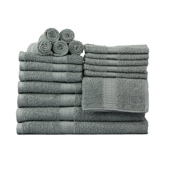 Mainstays 18 Piece 100% Cotton Towel Set, 4 Bath , 4 Hand and 10 Washcloths, Super Soft and Highly Absorbent Basic Solid Towel Set for Bathroom, Hotels, Spa and Gym – Grey