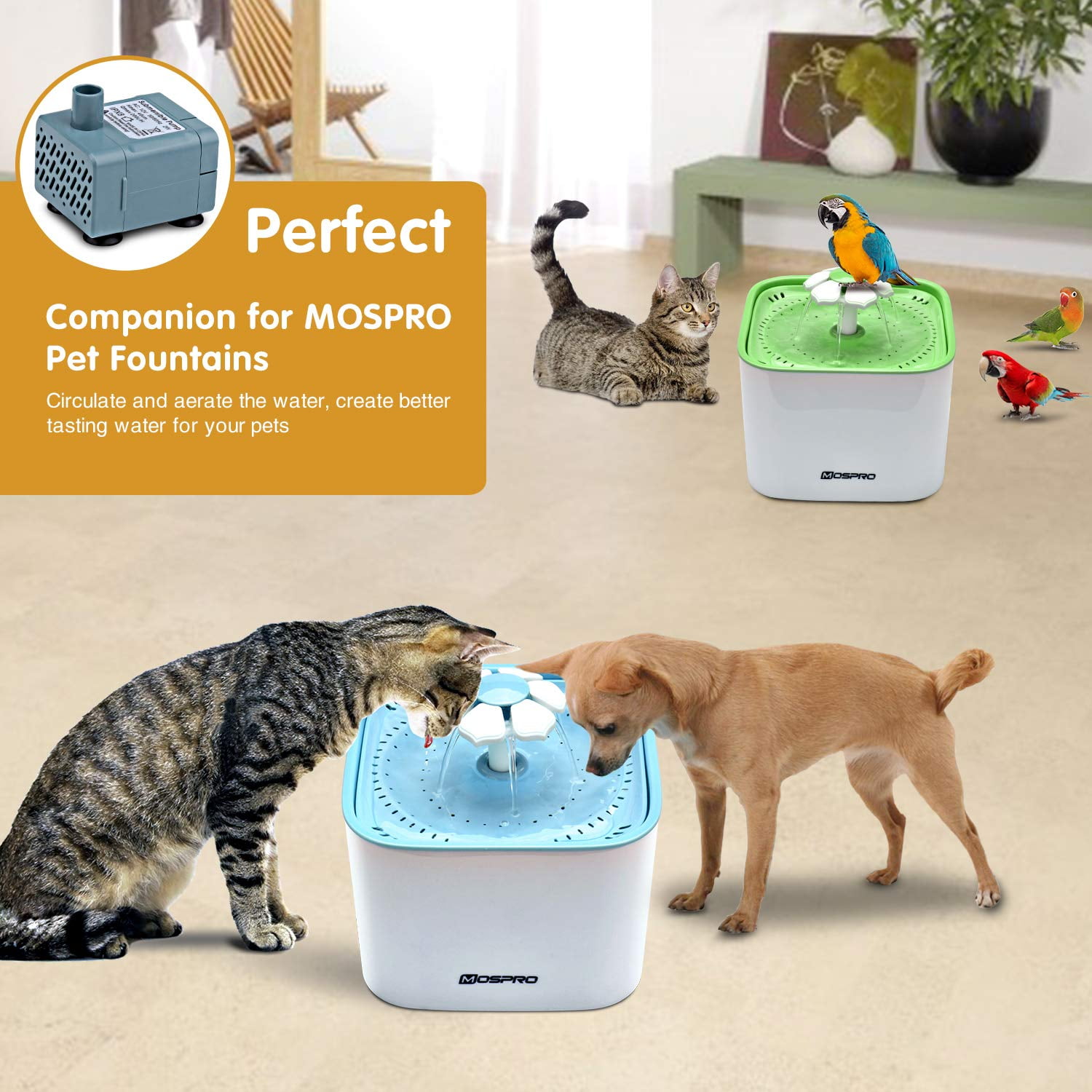 MOSPRO Pet Fountain Submersible Water Pump Ultra Quiet Dog and Cat Water Fountain Replacement Pump with 4.9ft 1.5m Power Cord