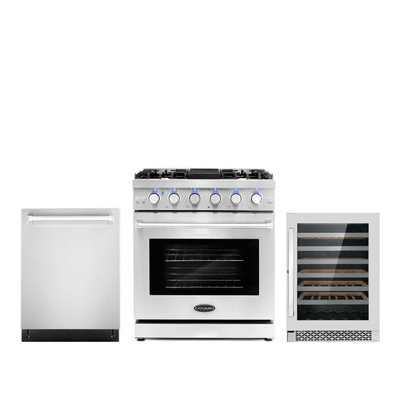 Cosmo 3 Piece Kitchen Appliance Packages with 30" Freestanding Gas Range Kitchen Stove 24" Built-in Fully Integrated Dishwasher & 48 Bottle Freestanding Wine Refrigerator Kitchen Appliance Bundles