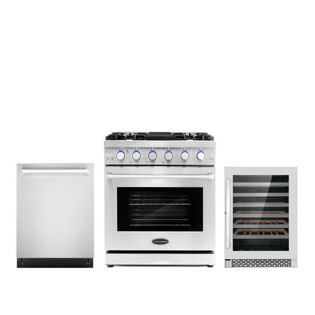 Cosmo 3 Piece Kitchen Appliance Packages with 30  Freestanding Gas Range Kitchen Stove 24  Built-in Fully Integrated Dishwasher & 48 Bottle Freestanding Wine Refrigerator Kitchen Appliance Bundles