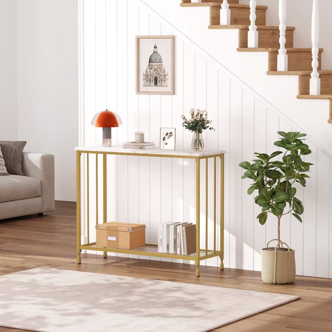 Console Table, 33.5" Entryway Table with Glass Shelf, Industrial Hallway Table for Living Room Foyer, Gold