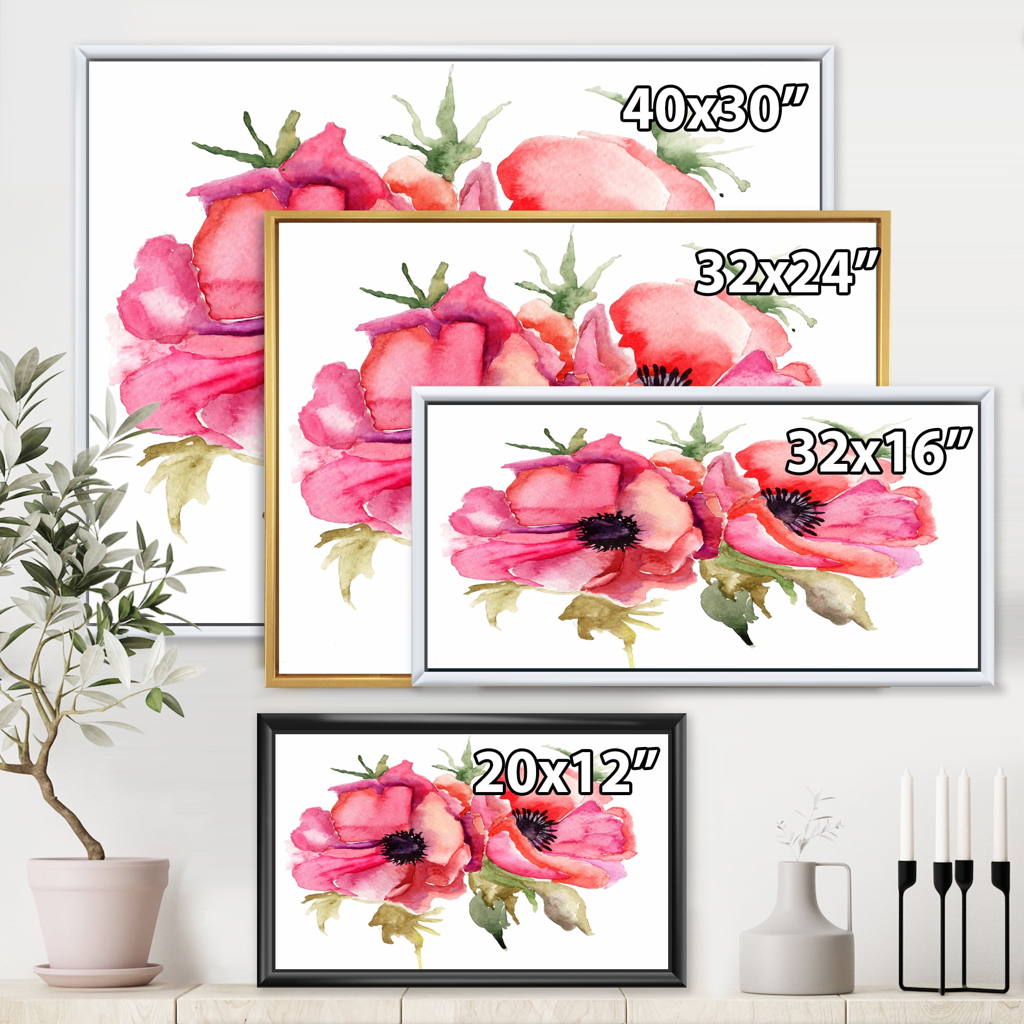 Designart 'Stylized Pink Poppy Flowers' Traditional Framed Canvas Wall Art Print
