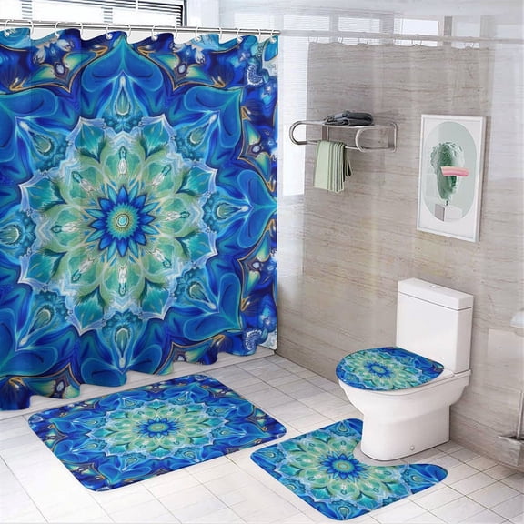 Blue Floral Symmetry Shower Curtain Waterproof Bathroom Curtain Set with Hooks Home Decor Bathroom Curtains 4pcs