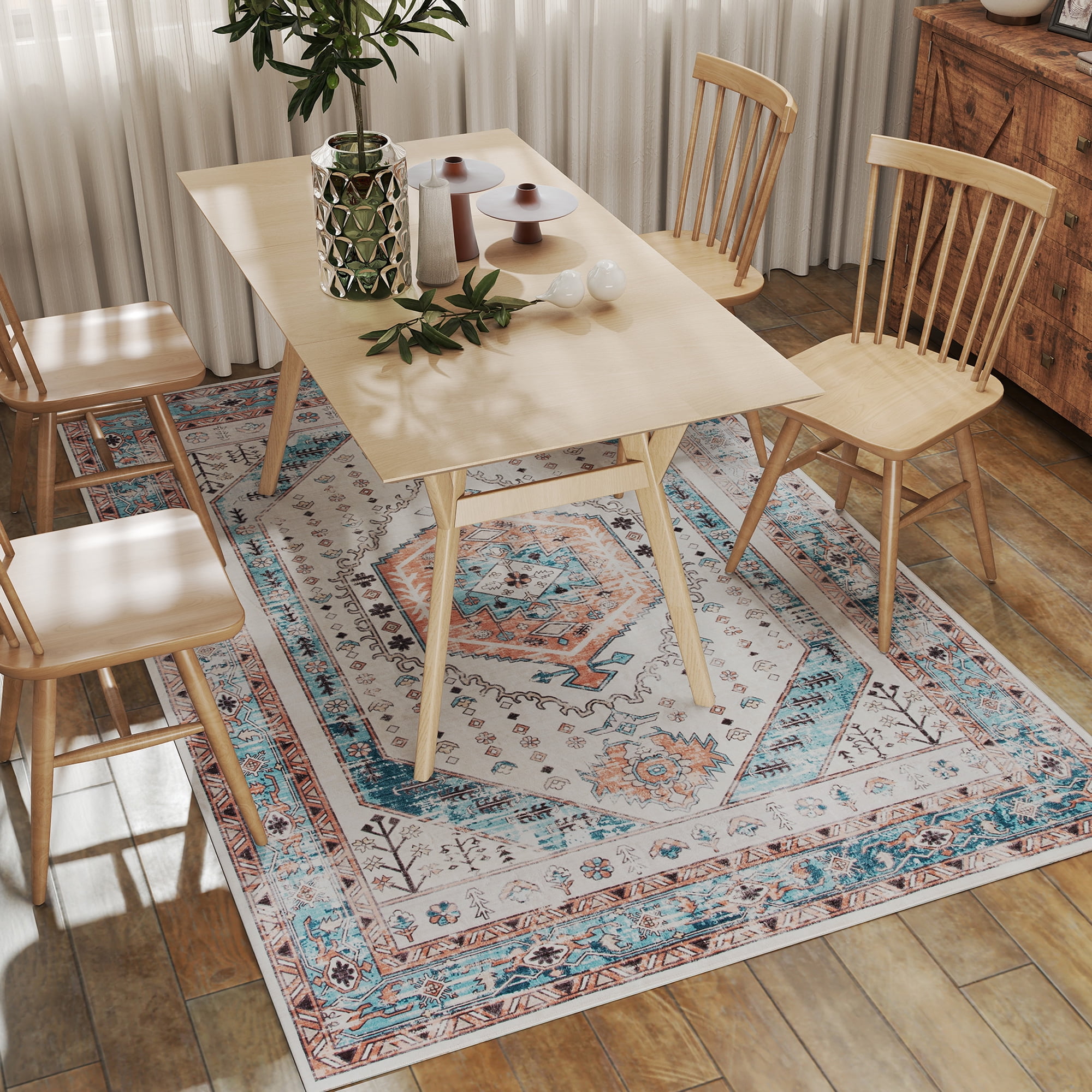 HOMCOM 5x7 Area Rug, Vintage Machine Washable Rug, Non-Slip Floor Carpet for Living Room, Bedroom, Dining Room, Home Office, Brown and Blue