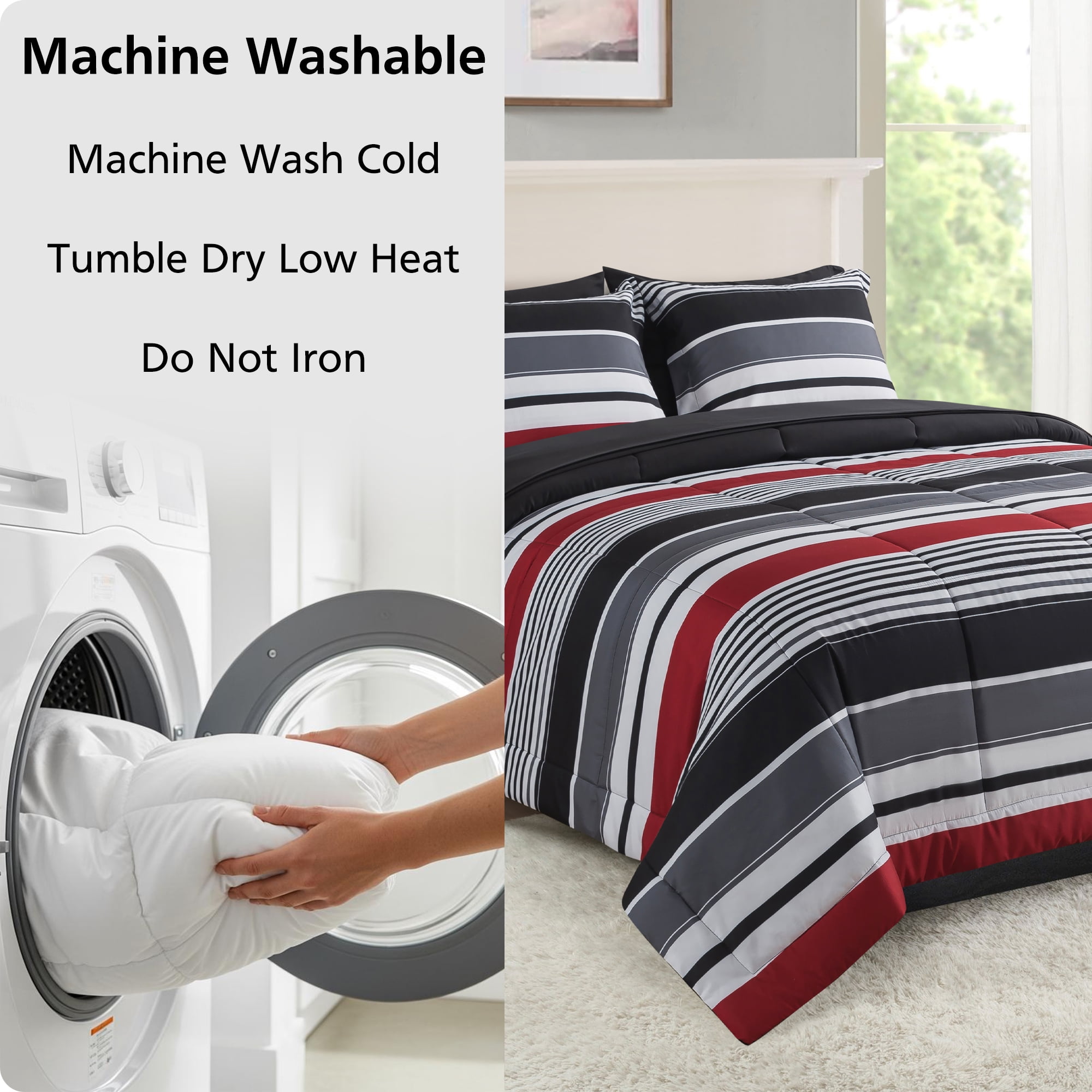 Mainstays All in One Reversible Comforter and Sheet set- 7 Piece, Full, Red and Black Stripe