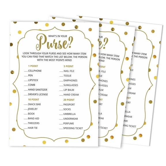 Inkdotpot Gold ConfettiWedding Shower Bachelorette Party Bulk ActivityGameCardsWhats In Your Purse Bridal ShowerGame 50-Pack