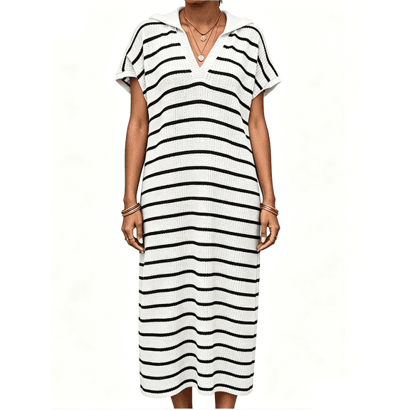 Short Sleeved Women V-neck Casual Loose Knit Dress Lapel Striped Print Straight Knee Sweater Dress