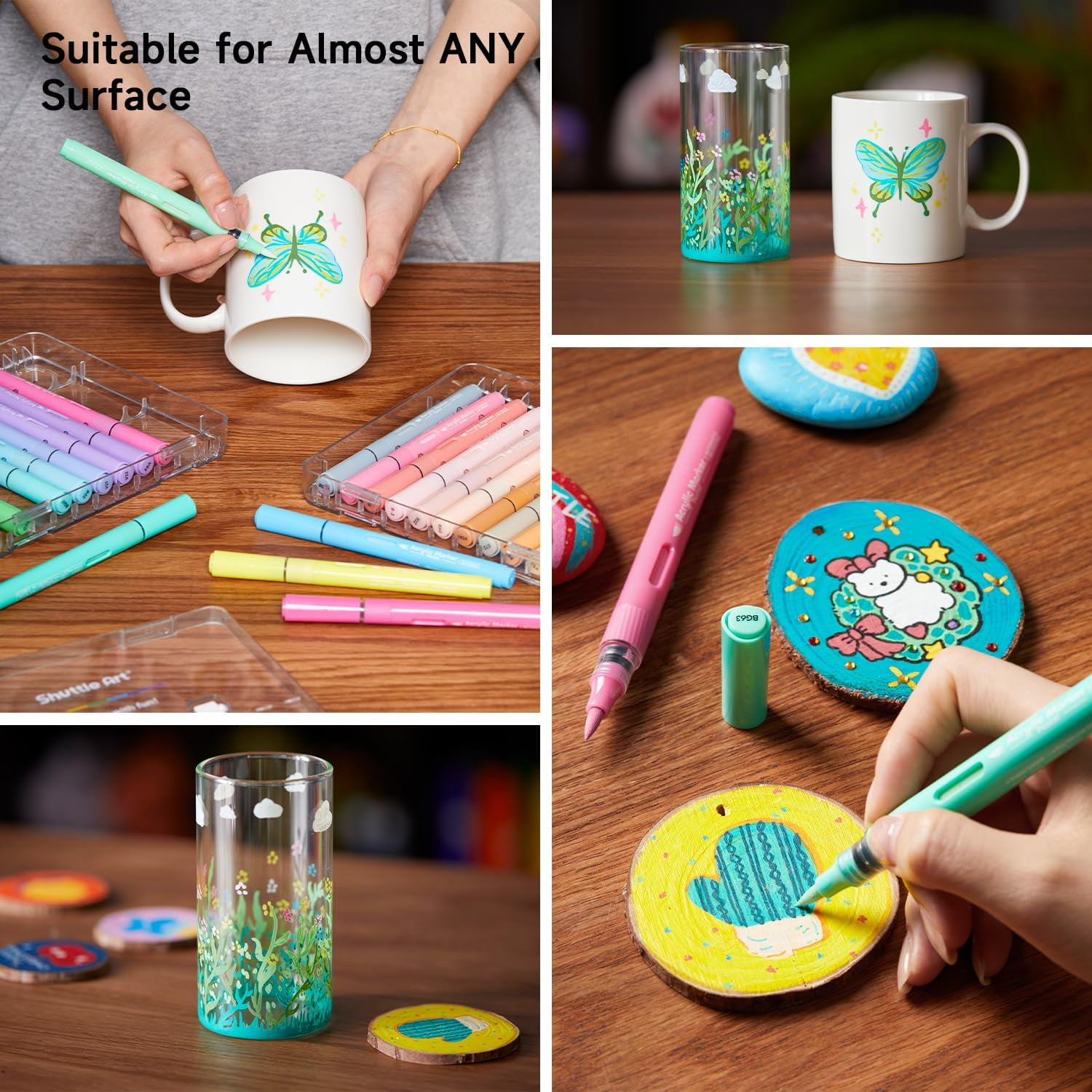Shuttle Art Automatic Ink Control Acrylic Paint Markers, 24 Pastel Colors Brush Tip Acrylic Paint Pens for Rock Painting, Ceramic, Wood, Canvas, Glass, Stone, Fabric, Card Making