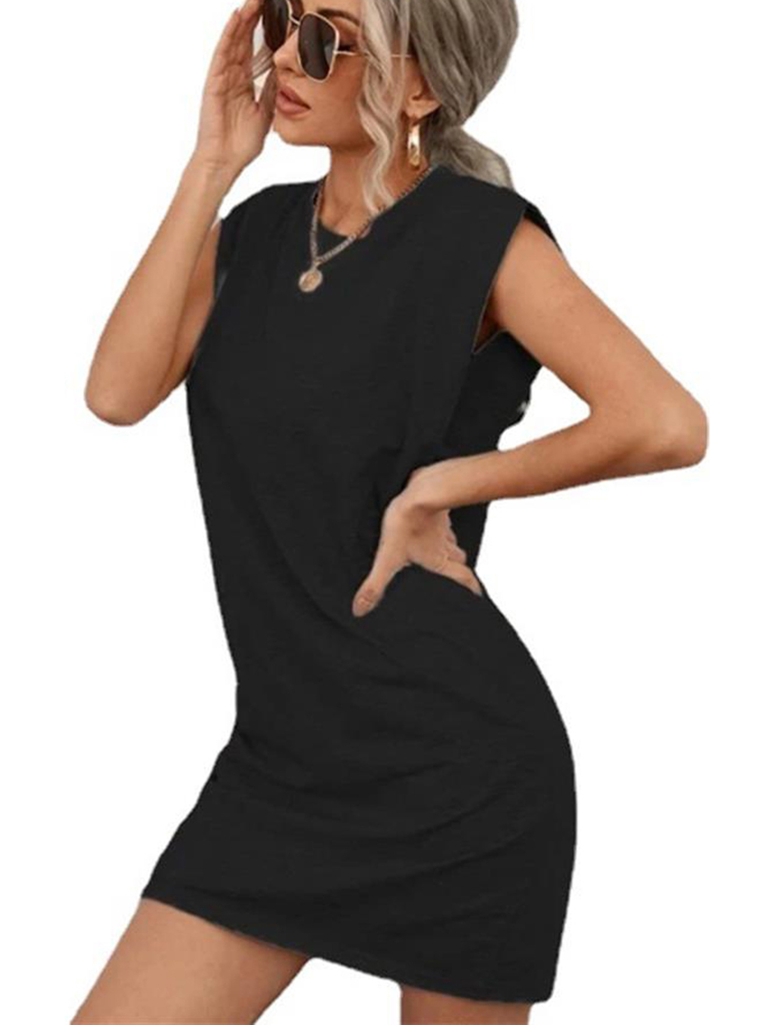 UPAIRC Womens Solid Sleeveless Shoulder Pads Mini Dress Ladies Regular