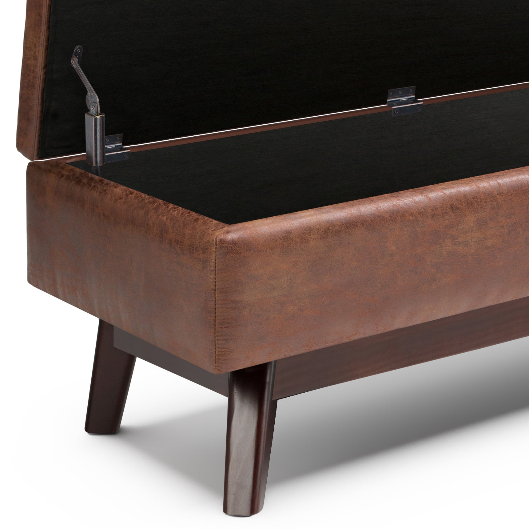 Simpli Home Owen 48 inch Wide Mid-Century Modern Rectangular Storage Ottoman in Distressed Saddle Brown Vegan Leather
