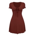 thumbnail image 4 of Oksale Cute Dresses for Women Soft Stretchy Tie Front Scoop Neck Mini Dress Slim Cozy Short Sleeve Summer Dresses Casual Ladies Outfits Wine 2XL, 4 of 9