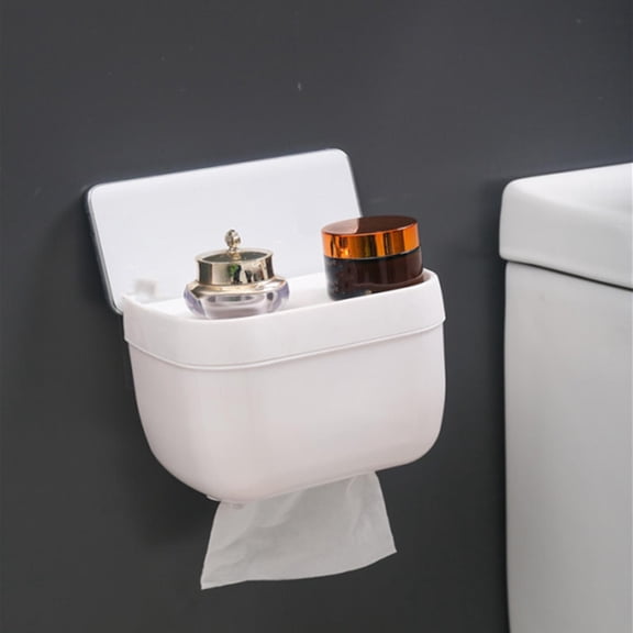 toilet Paper Holder Adhesive, White toilet Paper Holder, Wall Mounted Storage, 5.5X4.5 in, Shelf top, Lid Covered, Bathroom Fit, 1 Pc